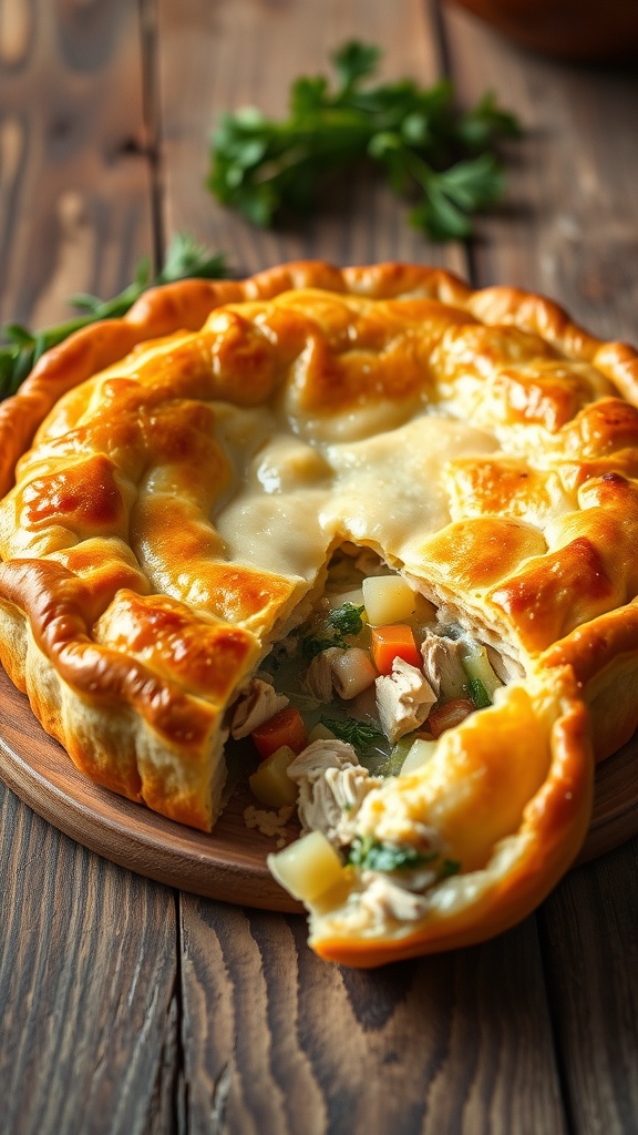 A freshly baked chicken pot pie with golden crust and creamy filling, set on a wooden table with herbs and vegetables.